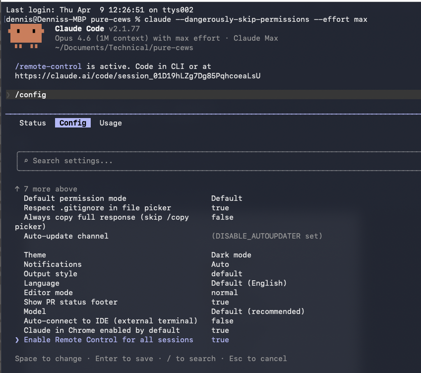 screenshot for enabling remote control for all claude code sessions